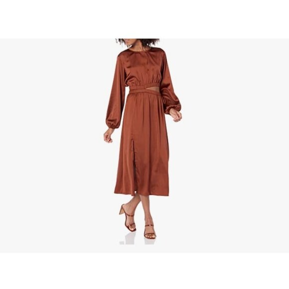 The drop Womens Cutout Midi Dress Long Sleeve Rust Satin - Picture 2 of 4